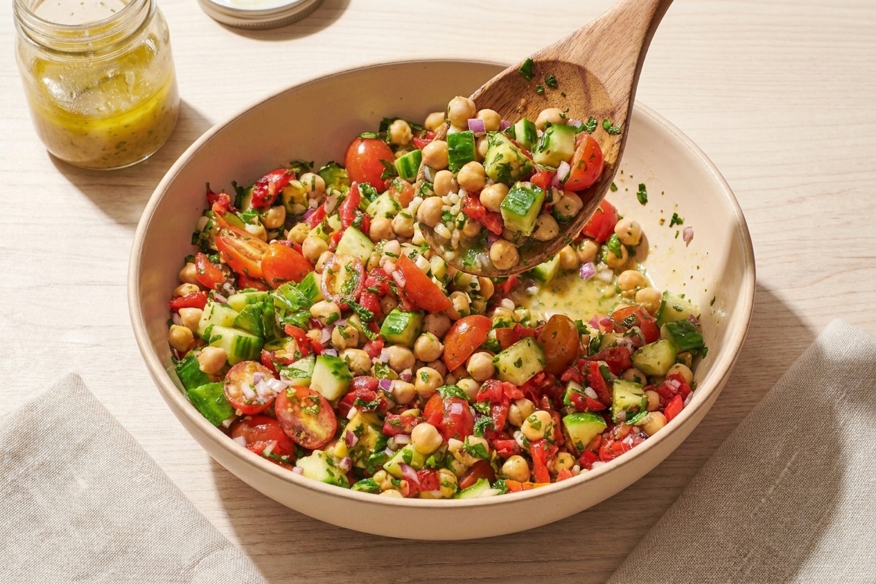 A large bowl with chickpeas and chopped vegetables being tossed together with a wooden spoon