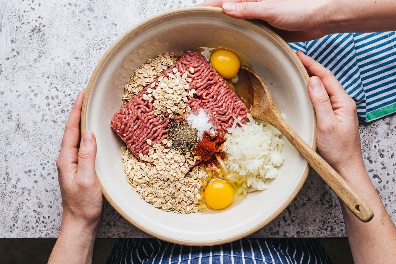 A large bowl with ground beef, old-fashioned oats, eggs, grated onion, and seasonings ready to be mixed on a clean kitchen counter