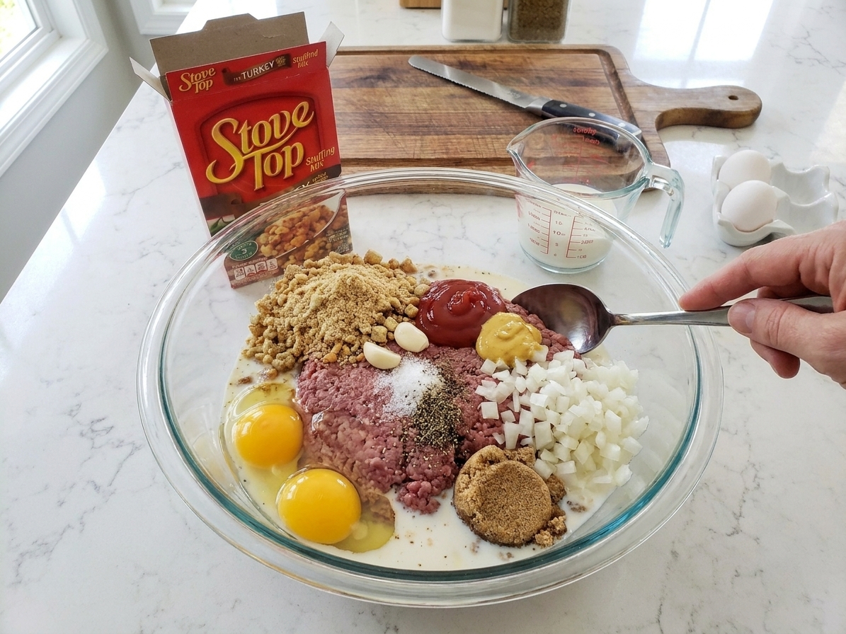 A large bowl with ground beef, stuffing mix, milk, eggs, diced onion, and seasonings ready to be mixed