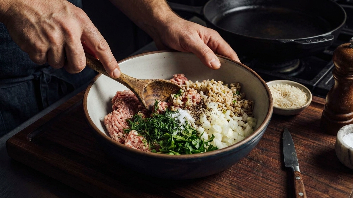 A large bowl with ground pork, rice, onion, and herbs being mixed with a wooden spoon on a kitchen counter