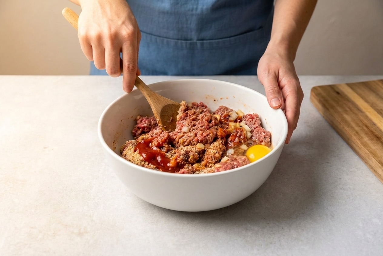 A large bowl with meatloaf mixture being stirred together on a kitchen counter, with seasonings and onion visible in the mix.