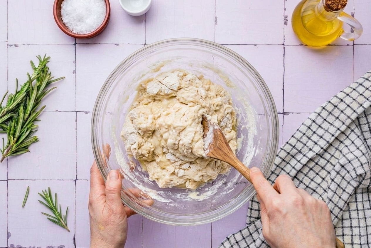 A large bowl with shaggy focaccia dough being stirred with a wooden spoon on a kitchen counter