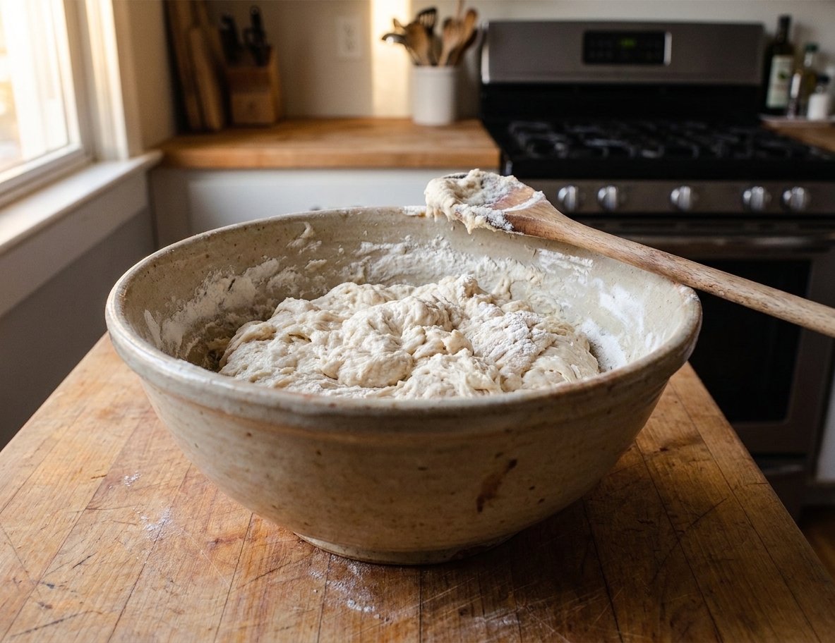 A large bowl with shaggy pizza dough just mixed, with flour streaks and a wooden spoon resting on the side on a home kitchen counter