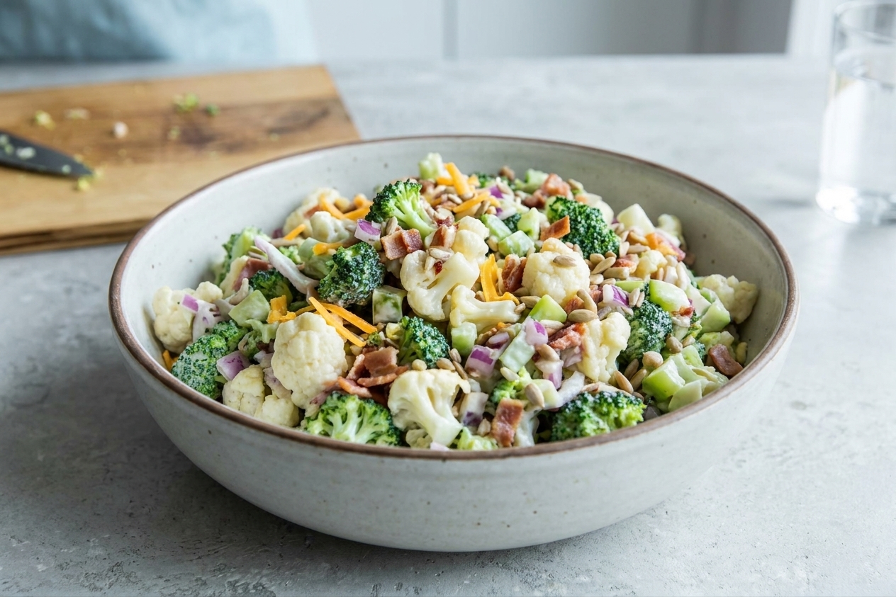 A large ceramic bowl filled with broccoli cauliflower salad with crispy bacon bits, shredded cheddar, red onion, and sunflower seeds on a bright kitchen counter