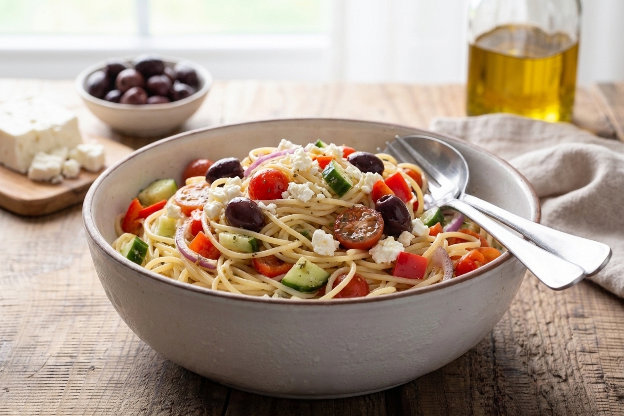 A large ceramic bowl filled with spaghetti salad, tossed with cherry tomatoes, cucumber, bell pepper, red onion, black olives, and crumbled feta on a bright kitchen counter