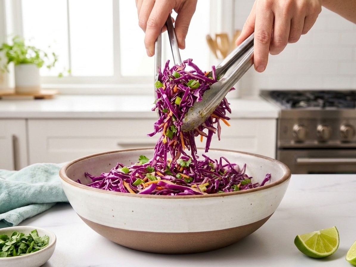 A large ceramic bowl filled with vibrant purple cabbage slaw, flecked with cilantro and thinly sliced green onion, sitting on a light kitchen counter with lime wedges nearby