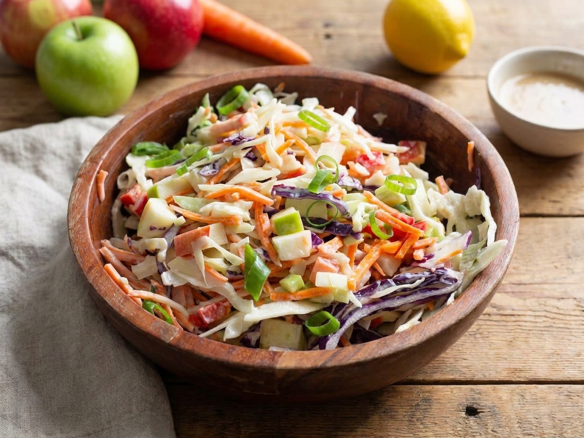 A large ceramic bowl of apple slaw with shredded cabbage, sliced apples, and carrots on a wooden table with soft natural light
