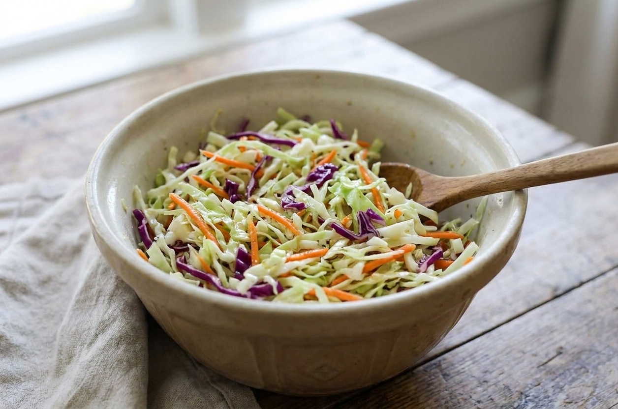 A large ceramic bowl of bright vinegar slaw with shredded green cabbage, purple cabbage, and carrots on a wooden kitchen counter in soft natural light
