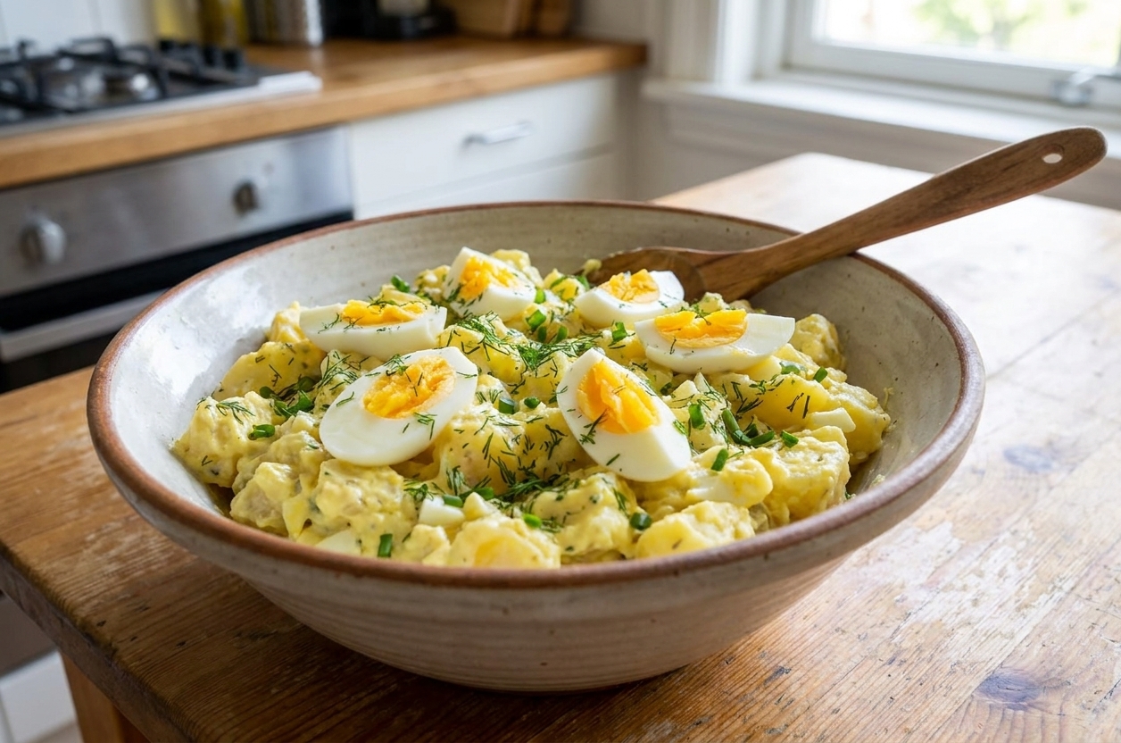 A large ceramic bowl of creamy potato salad with sliced hard-boiled eggs and chopped herbs on a wooden kitchen table in bright natural light