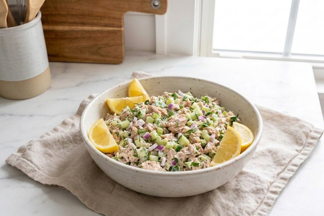 A large ceramic bowl of tuna salad with celery, cucumber, red onion, and fresh herbs, with lemon wedges on a linen-covered kitchen counter in soft natural light