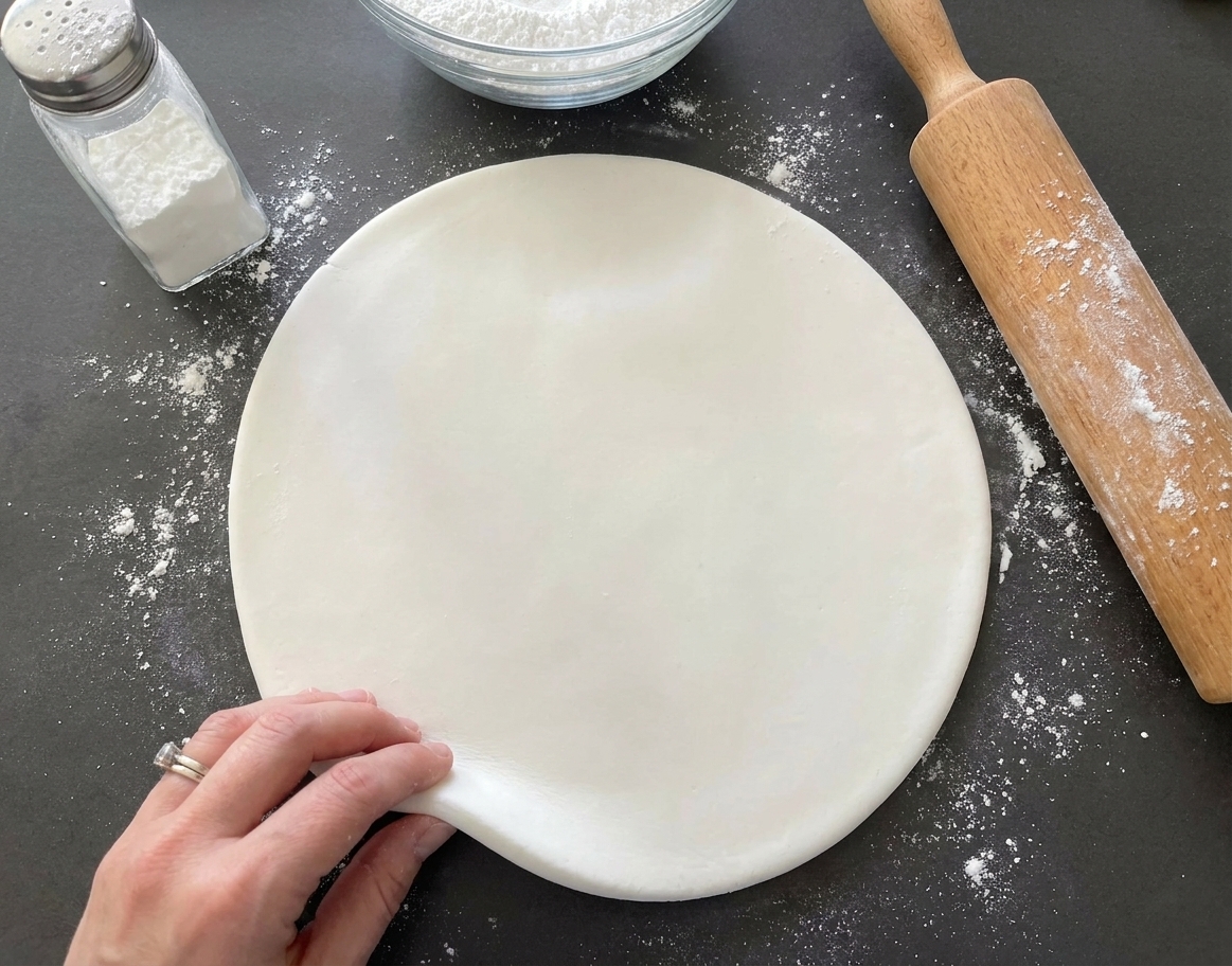 A large circle of rolled white fondant on a lightly dusted counter with a rolling pin and cornstarch shaker nearby