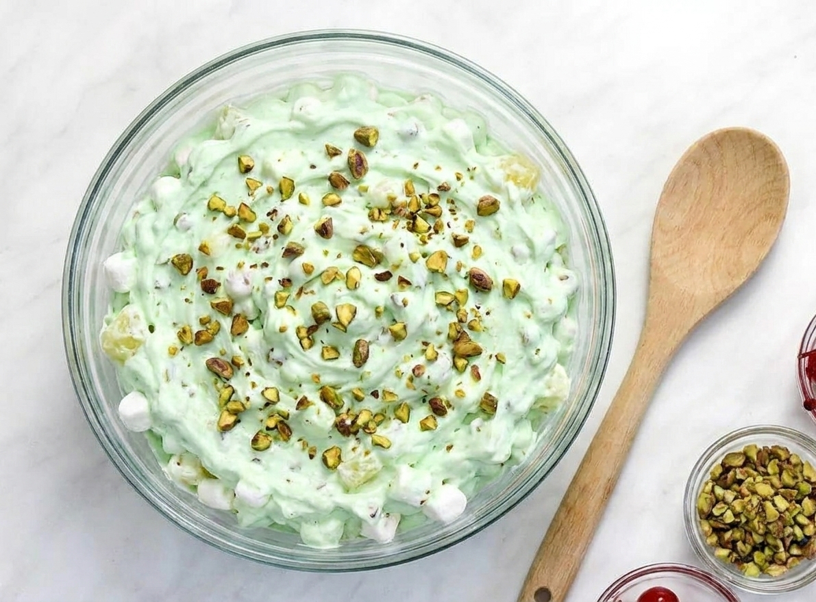 A large glass bowl filled with creamy pale-green pistachio salad with pineapple bits and mini marshmallows, topped with chopped pistachios on a bright kitchen table