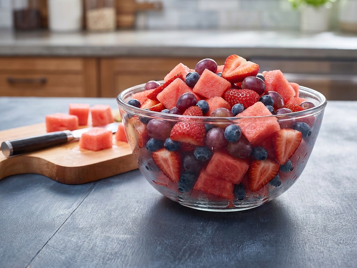 A large glass bowl filled with watermelon cubes, sliced strawberries, grapes, and blueberries on a kitchen counter