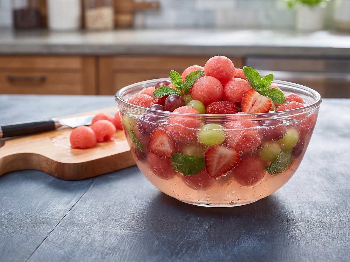 A large glass bowl of hwachae with watermelon balls, strawberries, grapes, and mint floating in a fizzy pale pink fruit punch base on a bright kitchen counter