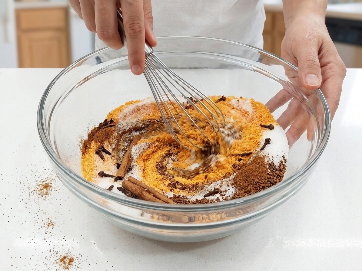 A large glass bowl of orange drink mix, sugar, instant tea, and spices being mixed until evenly blended