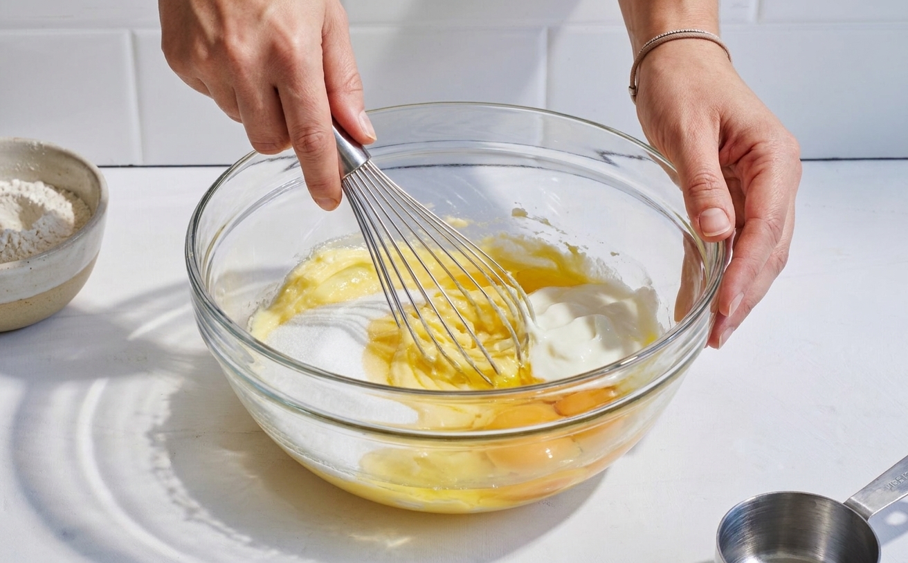 A large glass bowl with butter, sugar, eggs, and yogurt being whisked together on a kitchen counter