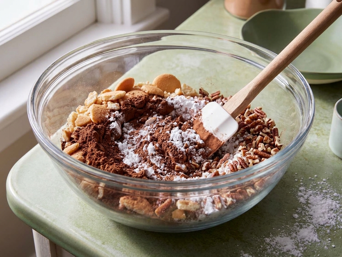 A large glass bowl with crushed vanilla wafers, cocoa powder, powdered sugar, and chopped pecans being stirred with a spatula on a kitchen counter