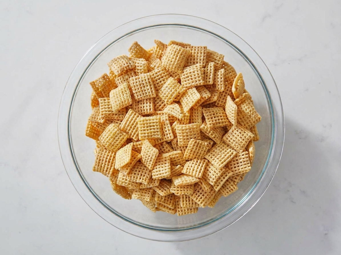 A large glass mixing bowl filled with Rice Chex cereal on a kitchen counter, ready to be coated