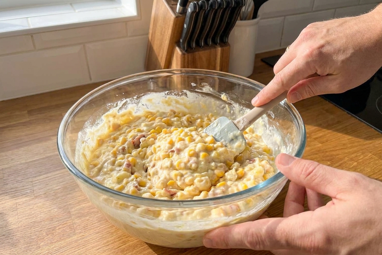 A large glass mixing bowl filled with corn casserole batter being stirred with a spatula on a kitchen counter