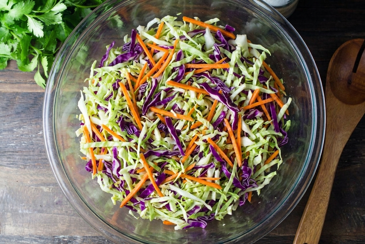 A large glass mixing bowl filled with shredded green cabbage, red cabbage, and carrots on a kitchen counter