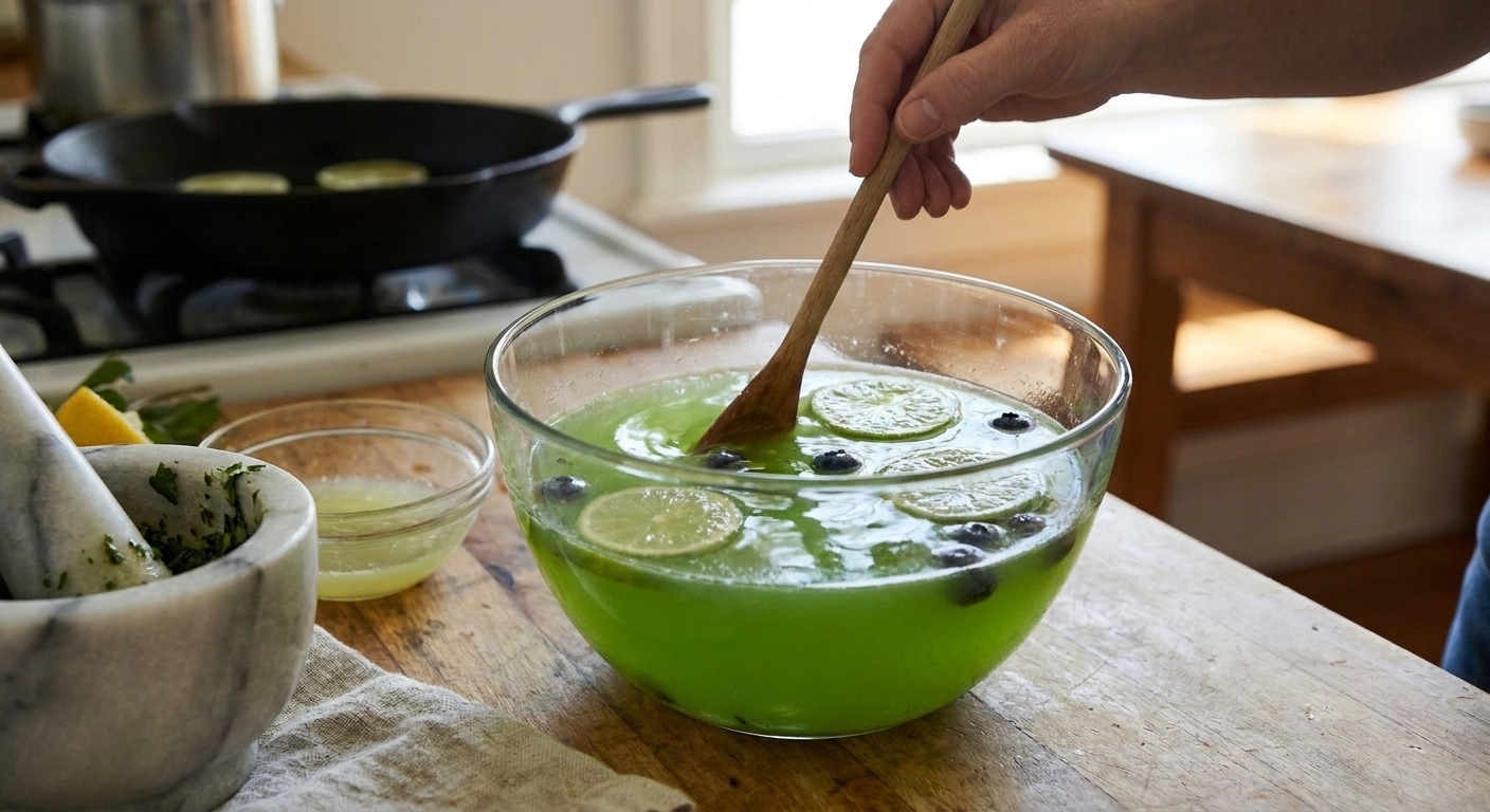 A large glass punch bowl on a kitchen counter with bright green liquid being stirred with a long spoon