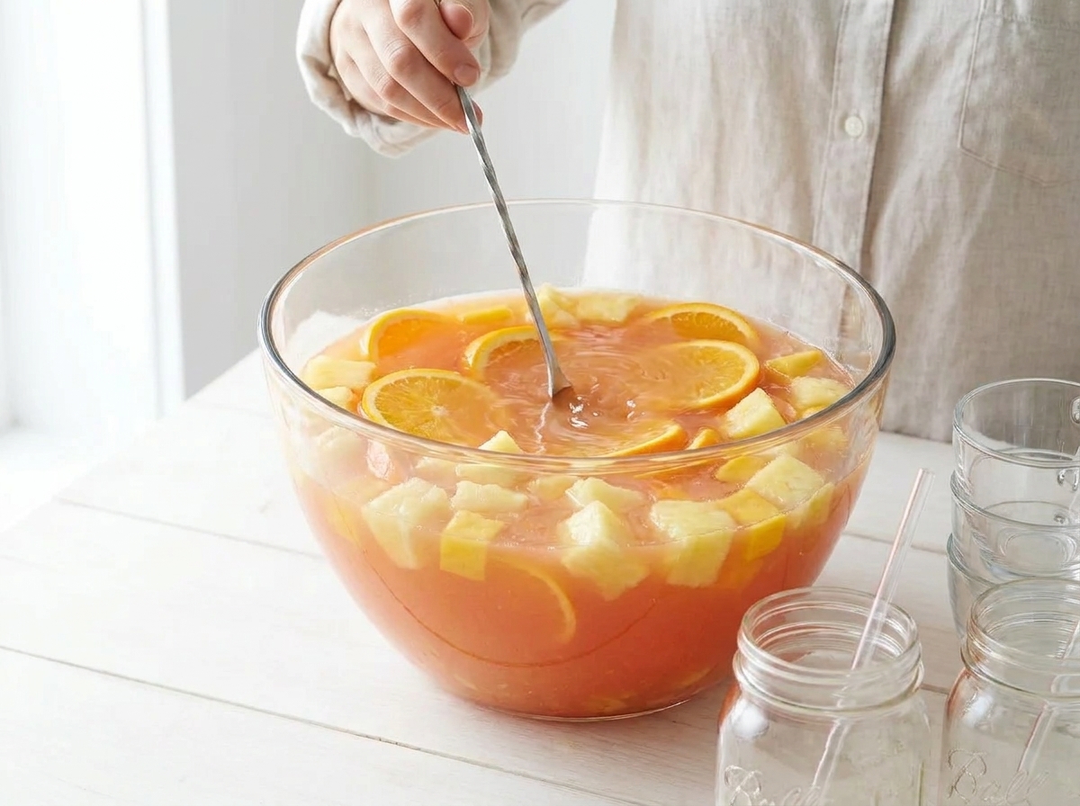 A large glass punch bowl with fruit juices being stirred using a long spoon on a bright kitchen counter