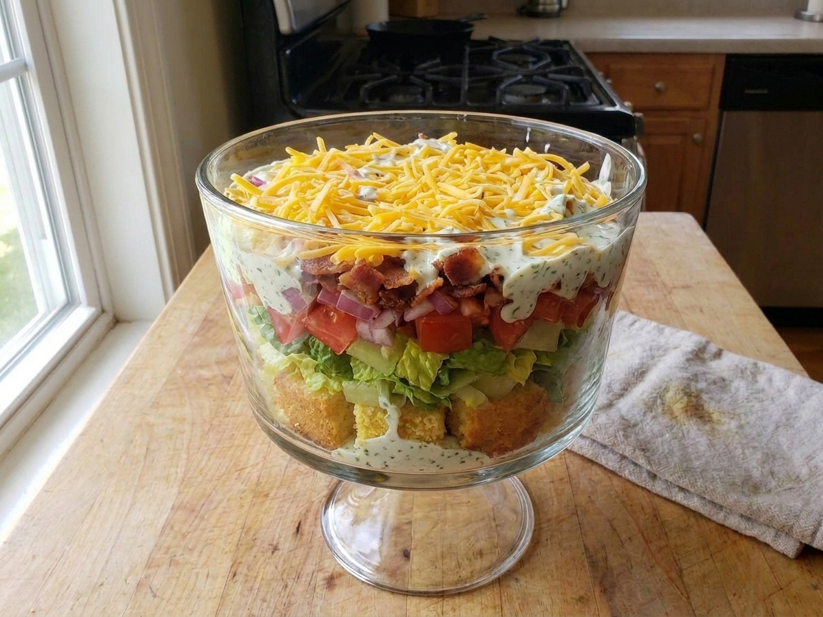 A large glass trifle bowl filled with layered cornbread salad, showing golden cornbread cubes, crisp lettuce, cherry tomatoes, bacon, shredded cheddar, and creamy dressing on a kitchen counter