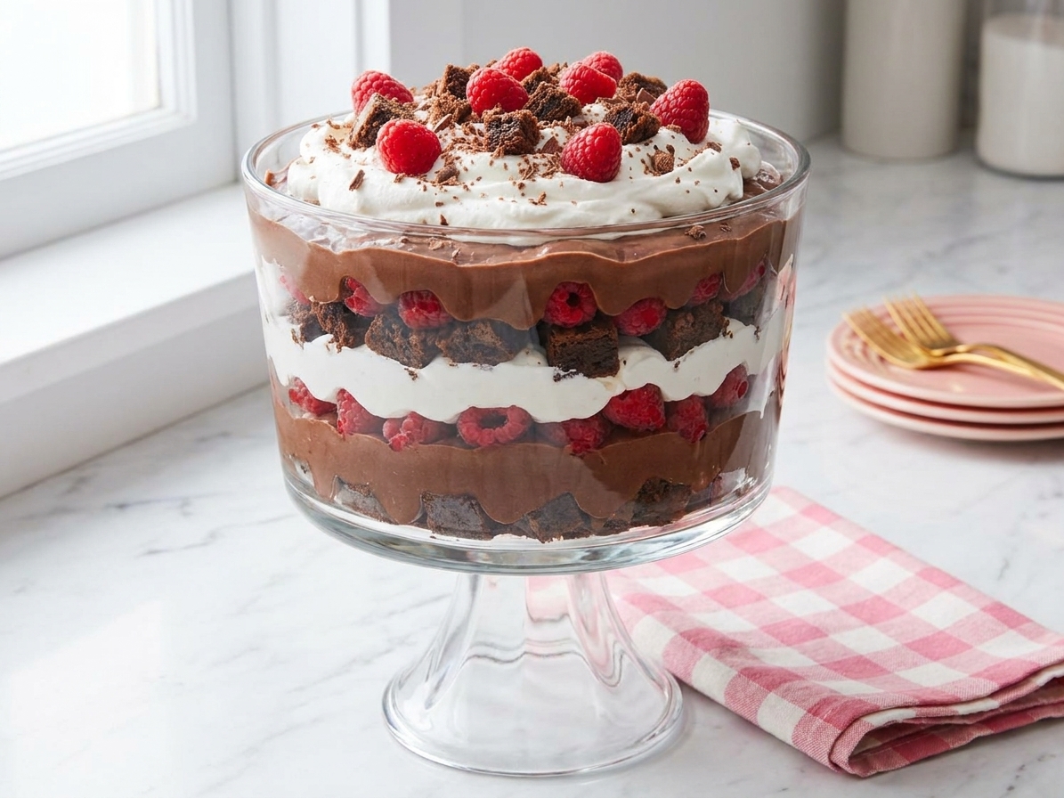 A large glass trifle bowl filled with visible layers of brownie chunks, chocolate pudding, whipped cream, and fresh raspberries on a bright kitchen counter