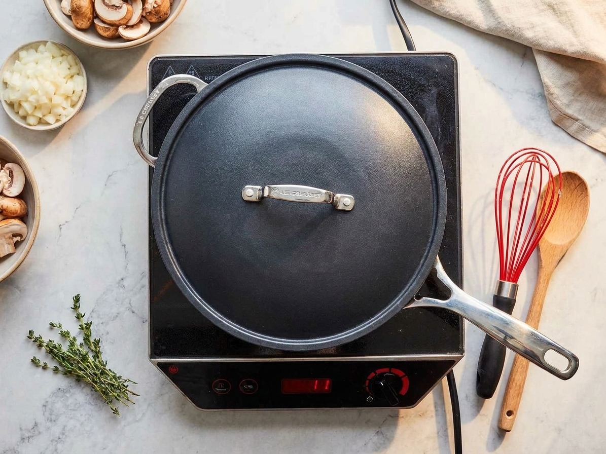 A large lidded skillet on a stovetop with a whisk and wooden spoon nearby, ready for making creamed chicken in a cozy home kitchen