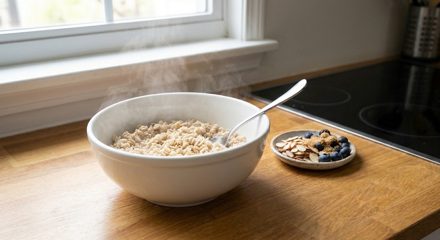 A large microwave-safe bowl of cooked rolled oats on a countertop with a spoon and small dish of toppings nearby