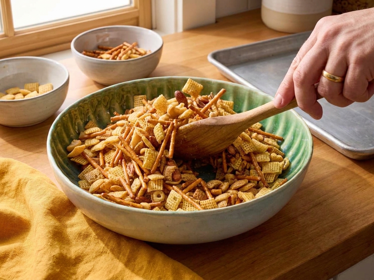 A large mixing bowl filled with Chex cereal, pretzels, nuts, and bagel chips being tossed with a wooden spoon