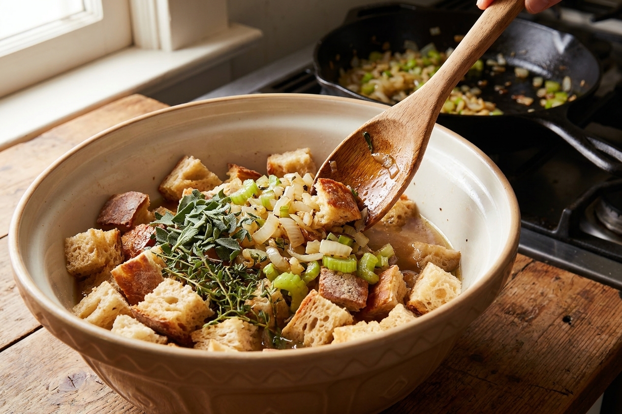 A large mixing bowl filled with bread cubes, sautéed onions and celery, herbs, and broth being gently folded together with a wooden spoon