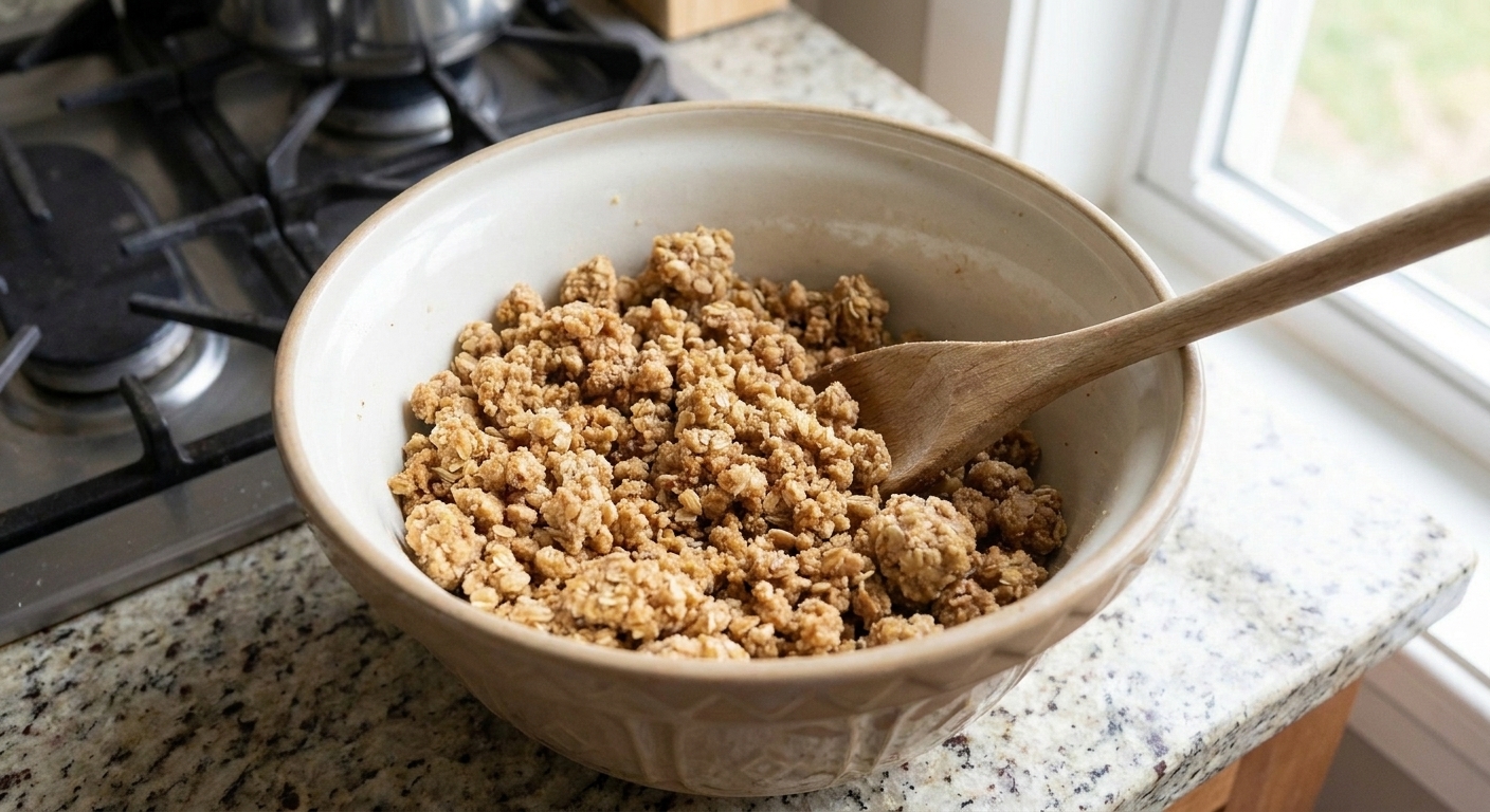 A large mixing bowl filled with buttery oat crumble mixture with a spatula resting in the bowl