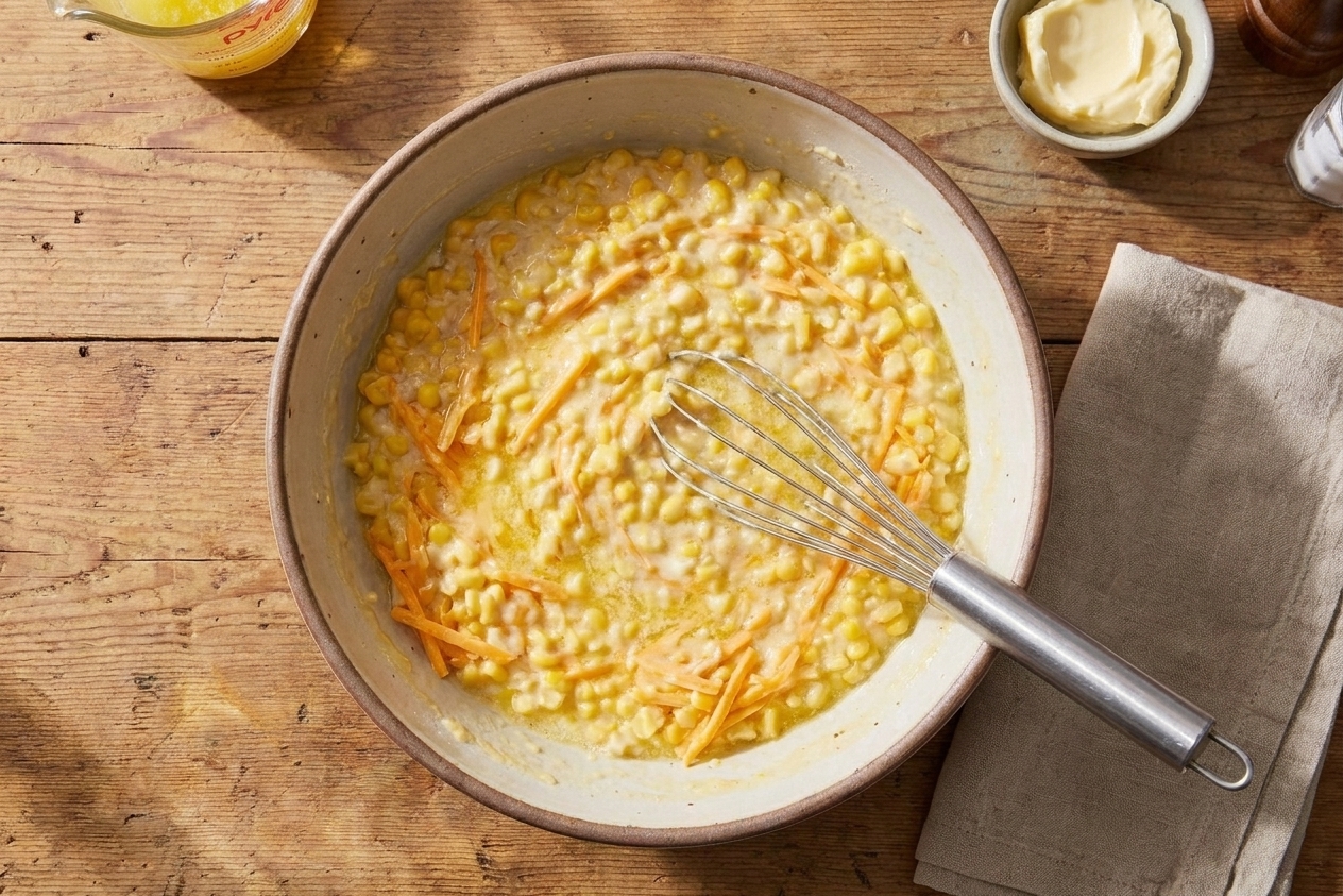 A large mixing bowl filled with corn casserole batter with visible corn kernels and shredded cheddar, a whisk resting inside on a light-colored kitchen counter