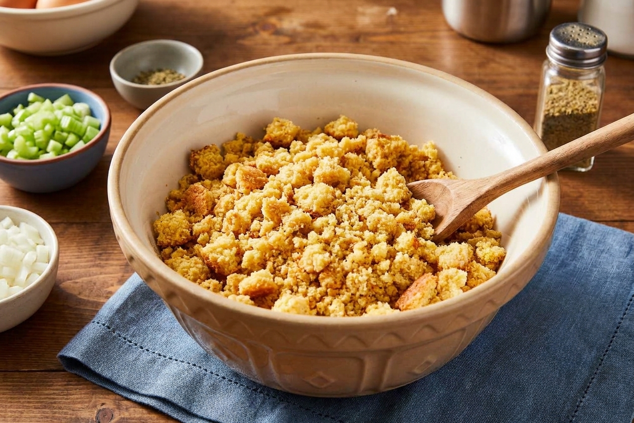A large mixing bowl filled with crumbled cornbread on a kitchen counter, ready to be seasoned