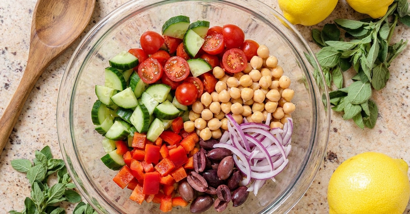 A large mixing bowl filled with cucumbers, tomatoes, chickpeas, bell pepper, red onion, and olives before dressing is added
