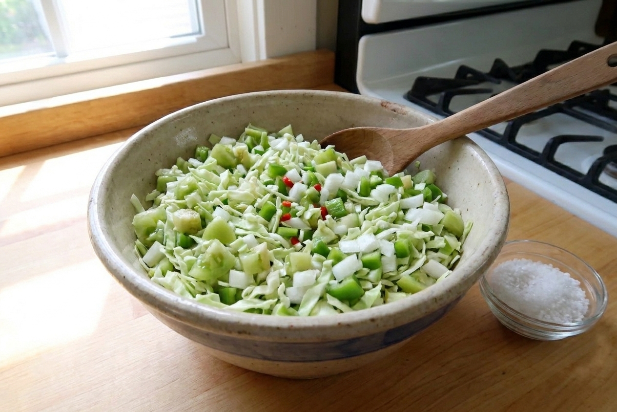 A large mixing bowl filled with finely chopped cabbage, green tomatoes, onions, and bell peppers ready to be salted