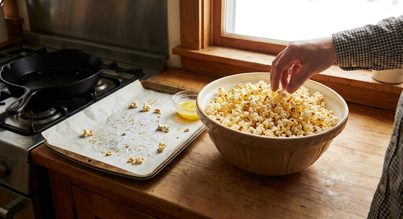 A large mixing bowl filled with freshly popped popcorn on a kitchen counter next to a parchment-lined sheet pan
