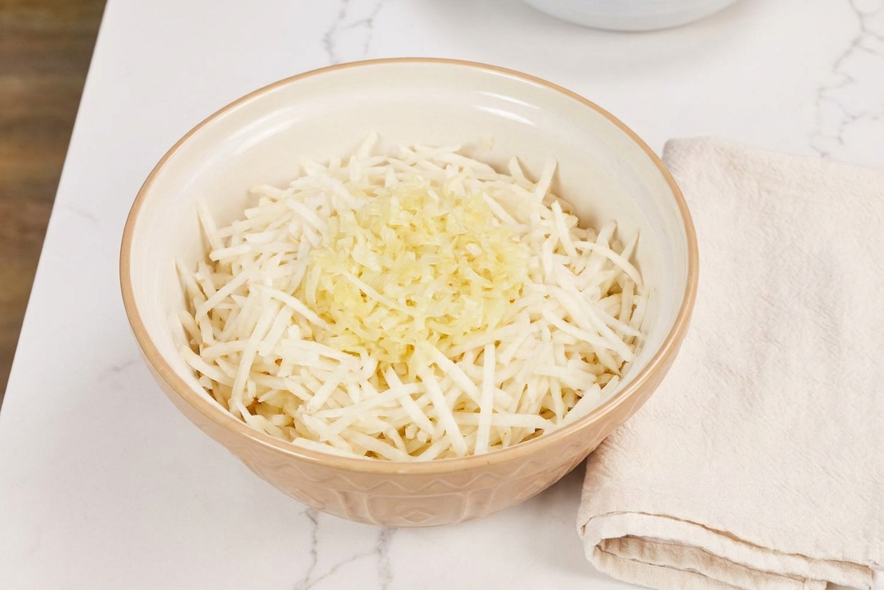 A large mixing bowl filled with freshly shredded potatoes and grated onion, with a towel nearby for squeezing out liquid on a kitchen counter