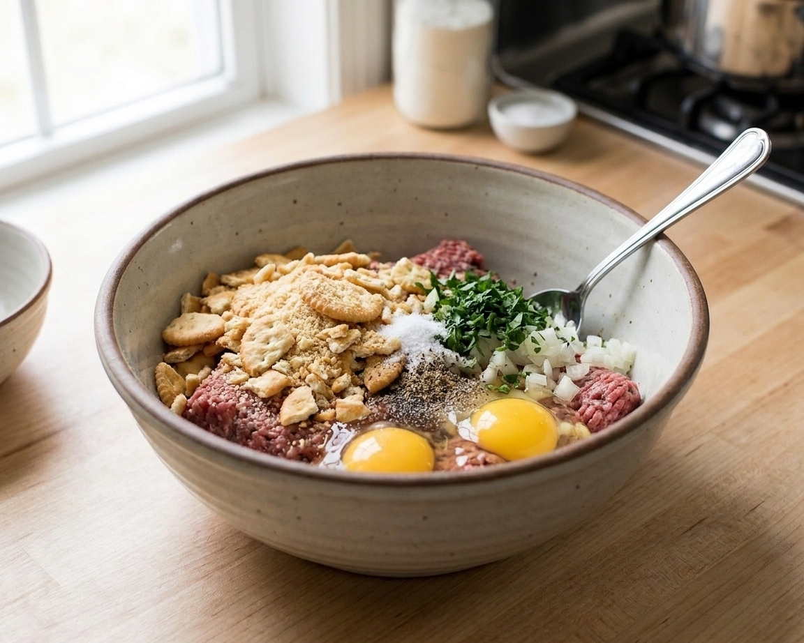 A large mixing bowl filled with ground beef, crushed Ritz crackers, eggs, and seasonings ready to be mixed on a kitchen counter