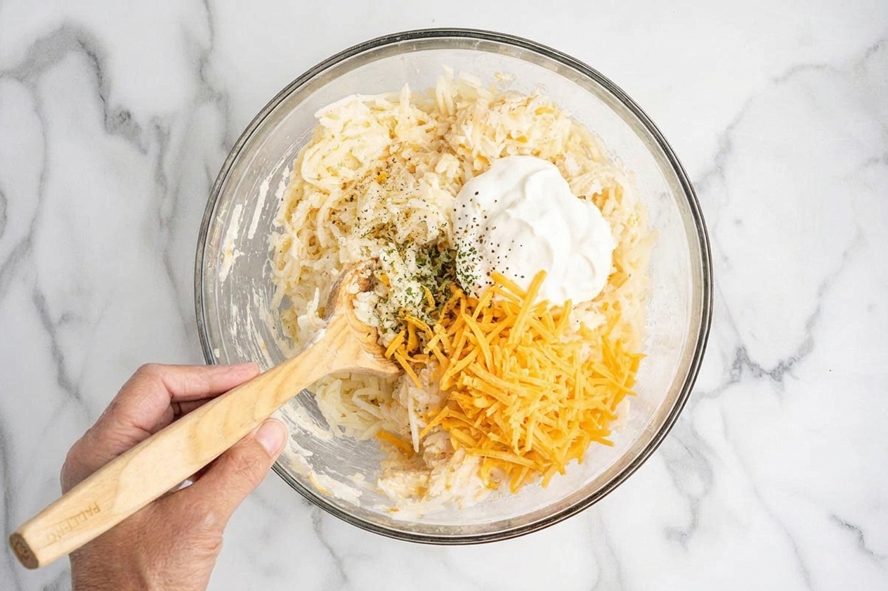 A large mixing bowl filled with thawed hashbrowns, sour cream, shredded cheddar, and seasonings on a kitchen counter, ready to be stirred