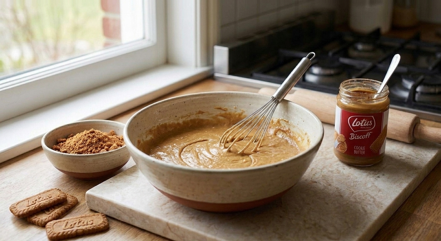 A large mixing bowl of blondie batter with a whisk resting inside on a warm-lit kitchen counter, with a jar of Biscoff cookie butter nearby