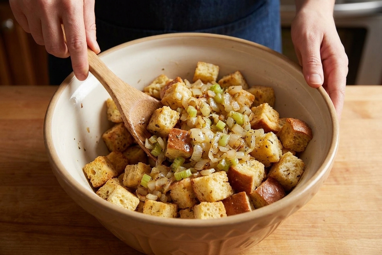 A large mixing bowl of bread cubes tossed with sautéed onion and celery, starting to look evenly moistened