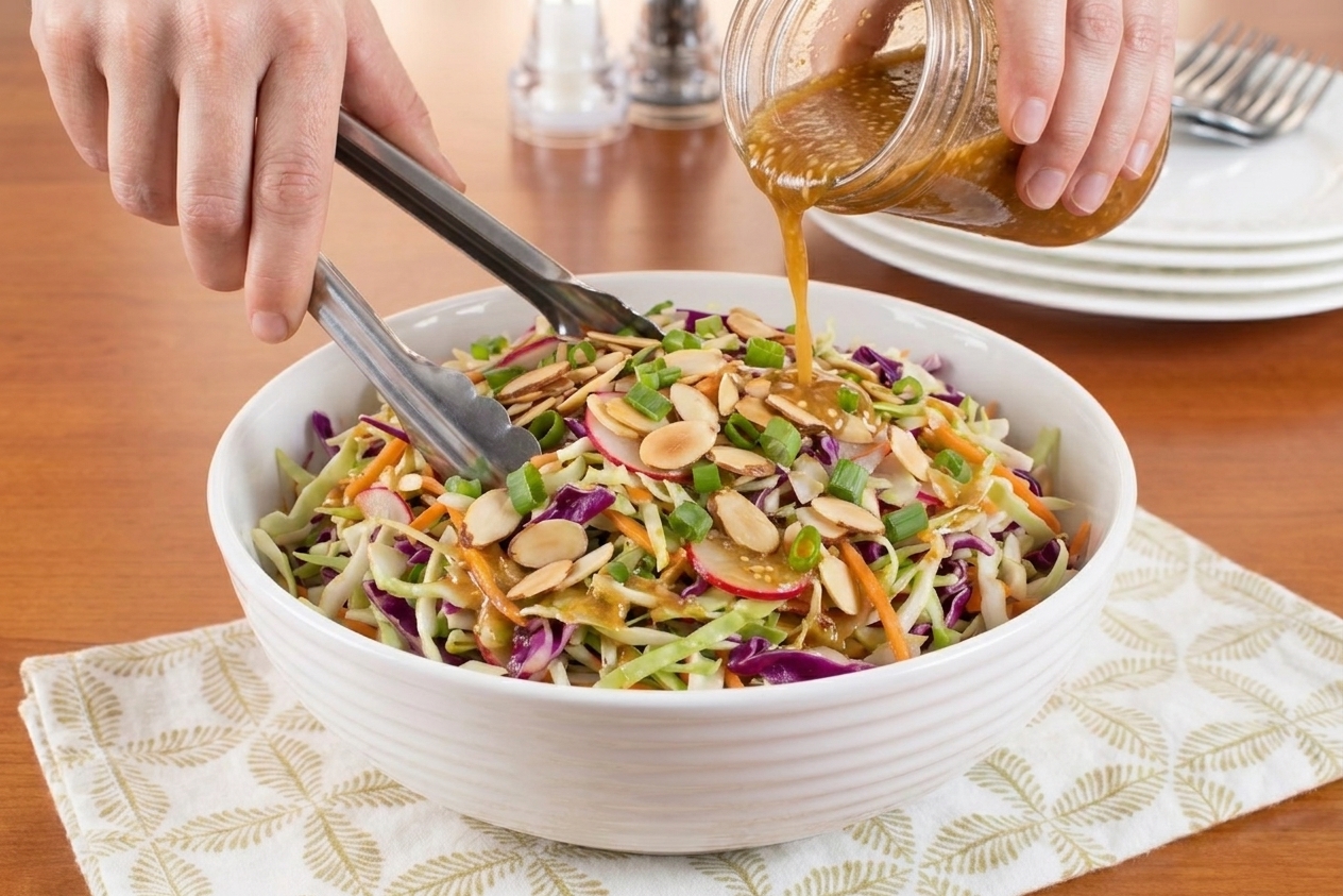 A large mixing bowl of cabbage salad being tossed with sesame dressing using tongs on a kitchen counter