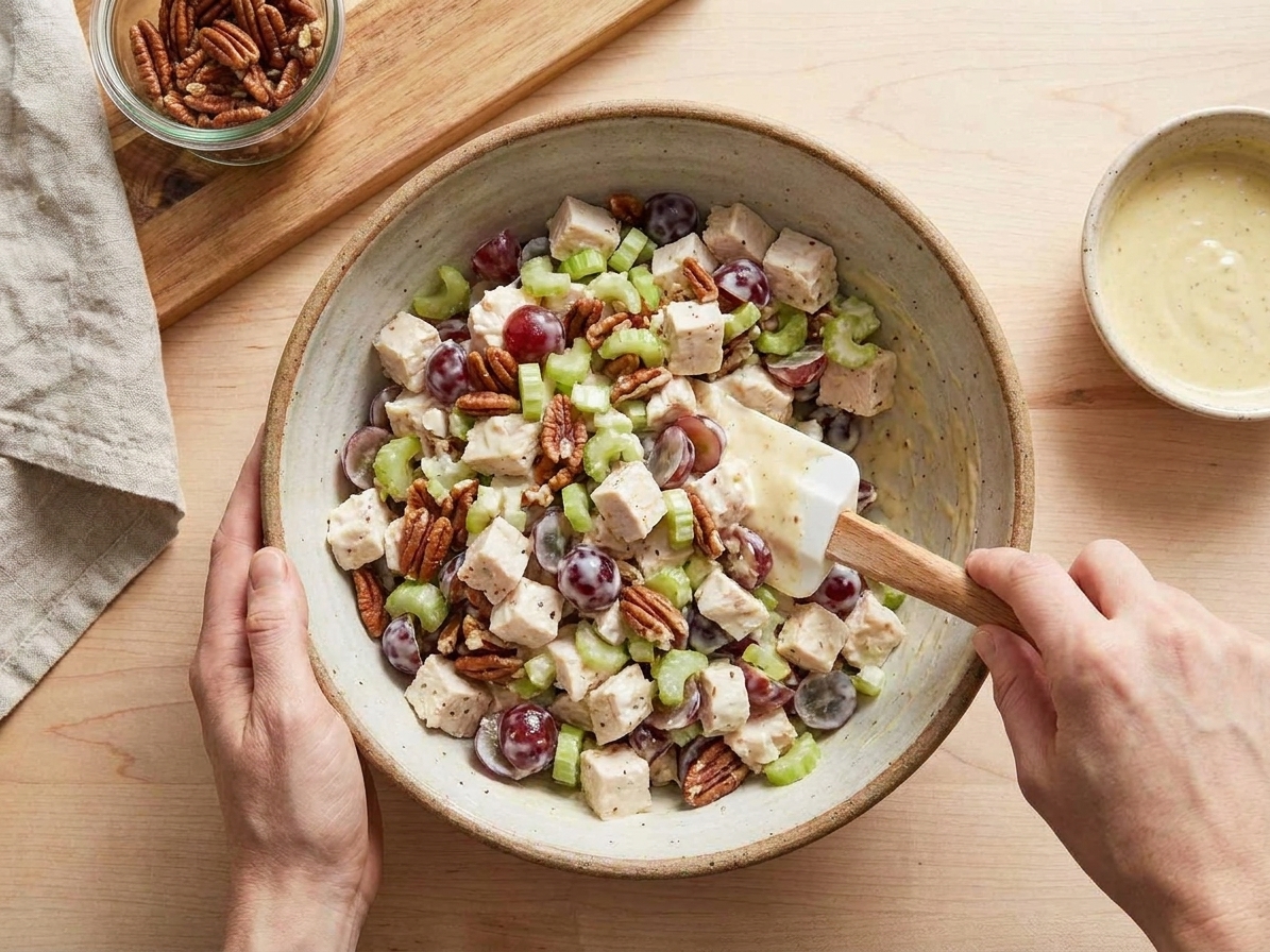 A large mixing bowl of chicken salad being folded together with a rubber spatula