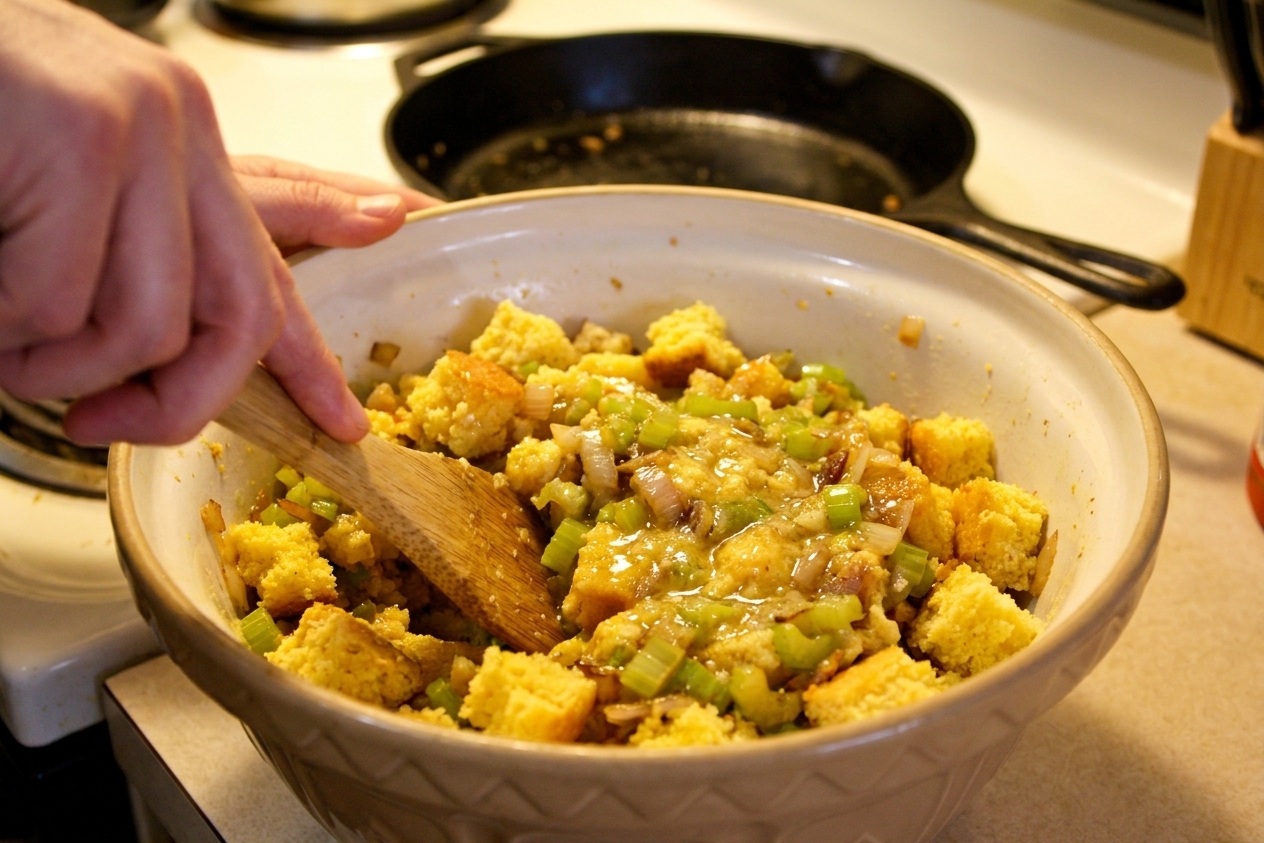 A large mixing bowl of cornbread dressing being folded with a spatula, showing a moist crumb mixture