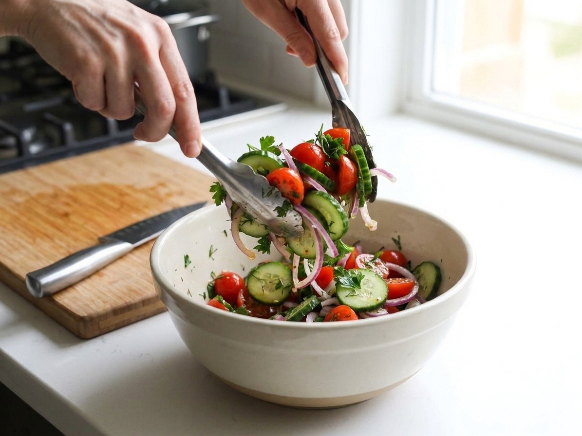 A large mixing bowl of cucumbers and tomatoes being tossed with herbs and red onion using salad tongs under natural kitchen light
