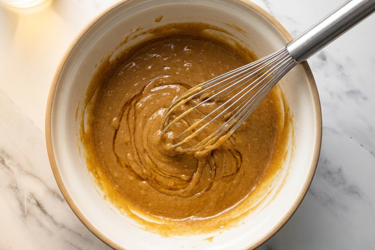 A large mixing bowl of glossy honey cake batter with a whisk resting inside on a warm lit kitchen counter