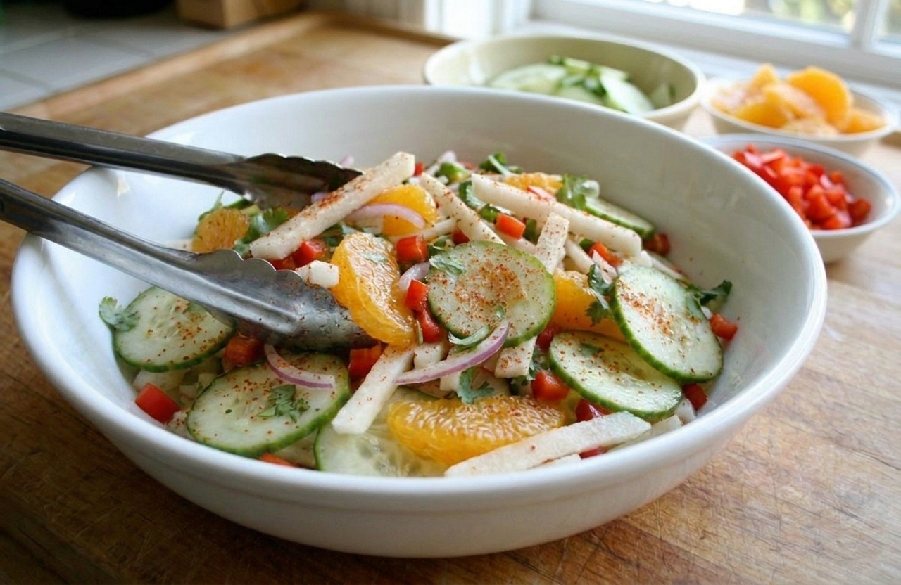 A large mixing bowl of jicama salad being tossed with tongs as the lime chili dressing coats the crunchy vegetables