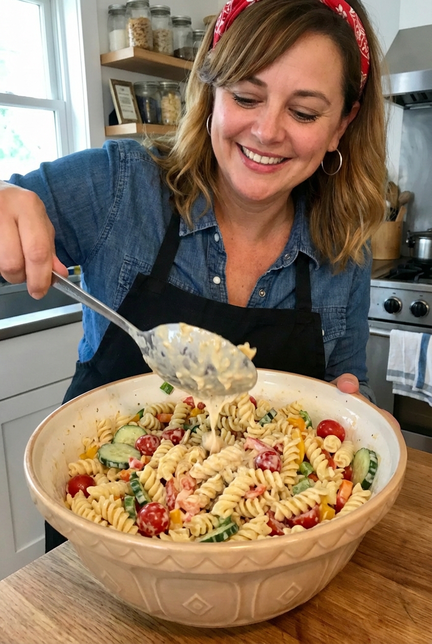 A large mixing bowl of pasta salad being tossed with a spoon, showing creamy dressing coating the rotini